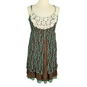 Elegant Green and Brown Lace Dress